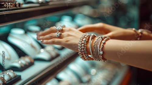 Various bracelets in women's hands at a jewelry store