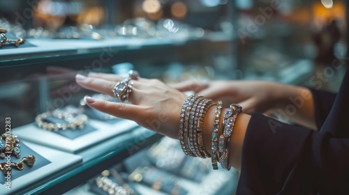 Various bracelets in women's hands at a jewelry store photo