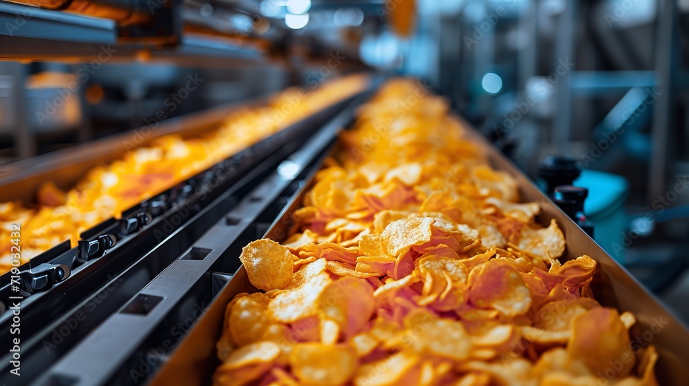 Production line of potato chips at the plant that fills snack and potato chip machines, space, Generative AI.