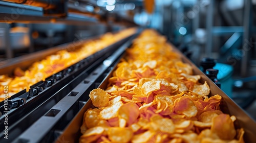 Production line of potato chips at the plant that fills snack and potato chip machines, space, Generative AI.