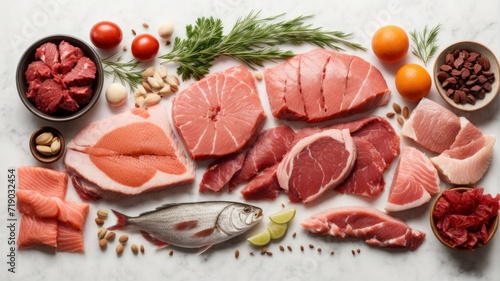 Top view of different raw meats and fish on white background, carnivore diet concept. generative, AI.