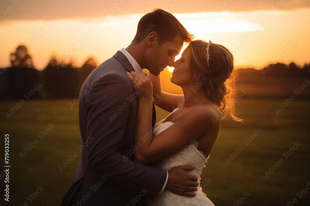 Newlywed couple locked in a romantic embrace, about to kiss as the sun sets on their wedding day Newlywed couple locked in a romantic embrace, about to kiss as the sun sets on their wedding day