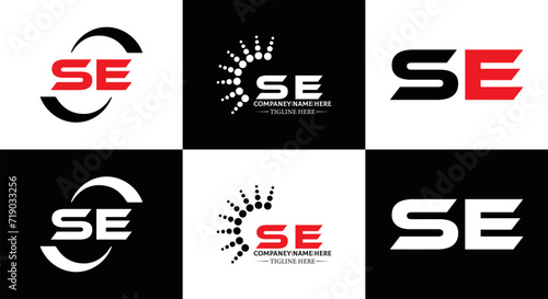 SE logo. S E design. White SE letter. SE, S E letter logo SET design. Initial letter SE linked circle uppercase monogram logo. S E letter logo SET vector design. SE letter logo design five style.	
