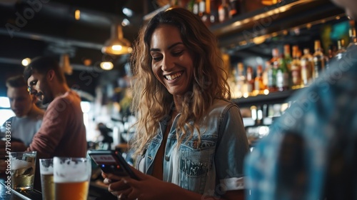 Woman with cell phone while hanging out with friends in a bar