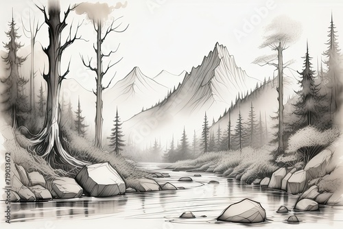 Monochrome forest with sketch of coniferous tree and mountain. photo