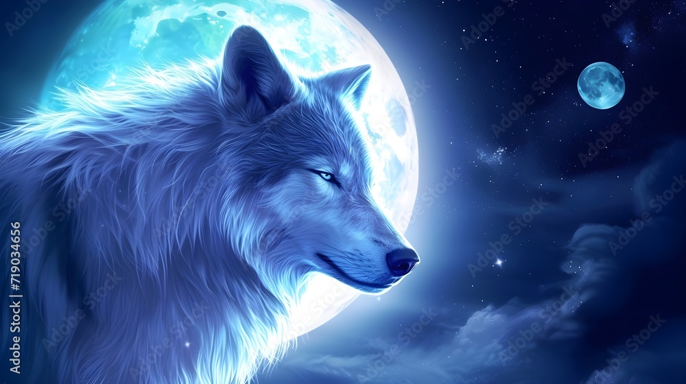 Closeup Wolf Full Moon, Moon and White Wolf.