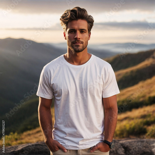 White T-Shirt Mockup Template with a Handsome Man Standing on the Mountain on a Summer Day. Nature Friendly Hiker Outdoor Photography. Perfect for Online Shops, Portfolios and Social Media Marketing © articular