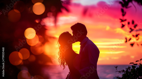 "Enchanting Sunset Embrace: Silhouette of a Loving Couple Kissing against a Vivid Tropical Sunset"