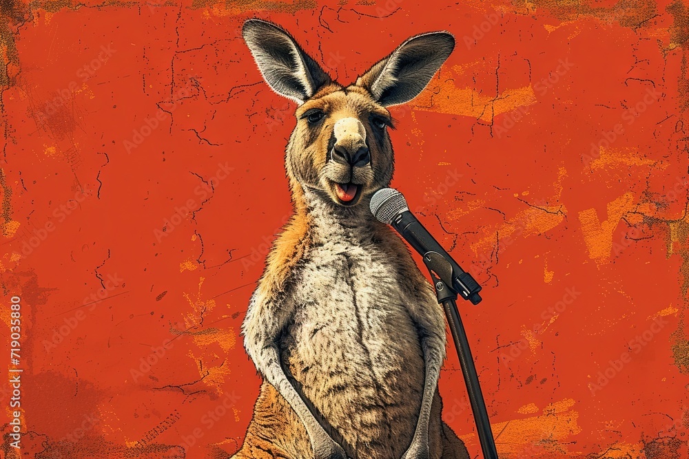 Kangaroo as a Stand-Up Comedian with a microphone, entertaining a crowd of animals with its stand-up comedy routine cartoon