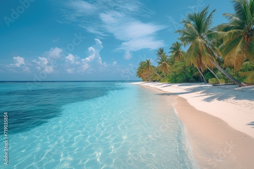 Sunny sandy beach in the Maldives. Tropical vacation concept. Design for cover, interior design, poster, travel brochure, blog, advertisement © Irina Mikhailichenko