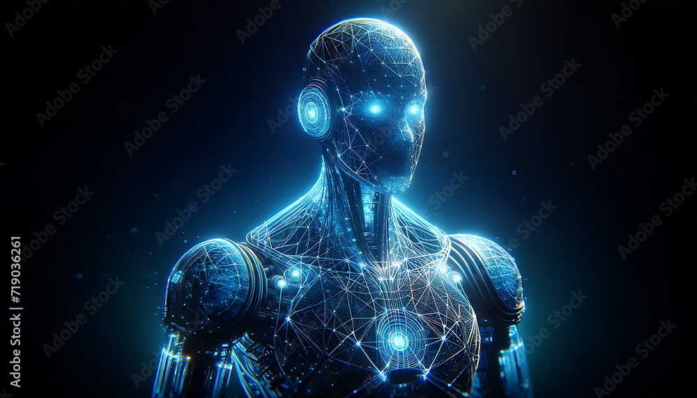 Digital illustration concept art of wire-frame glowing robot machine learning, AI concept robotic Digital illustration concept art of wire-frame glowing robot machine learning, AI concept robotic
