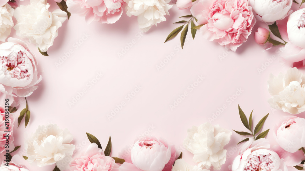 Aesthetic background frame with tender white and pink peonies. Copy space. Invitation or greeting concept. Generative AI