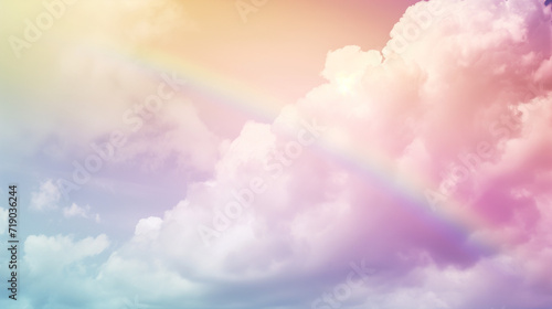 "Whimsical Sky Canvas: Pastel Rainbow Arching Gracefully Across a Softly Lit Cloudscape"