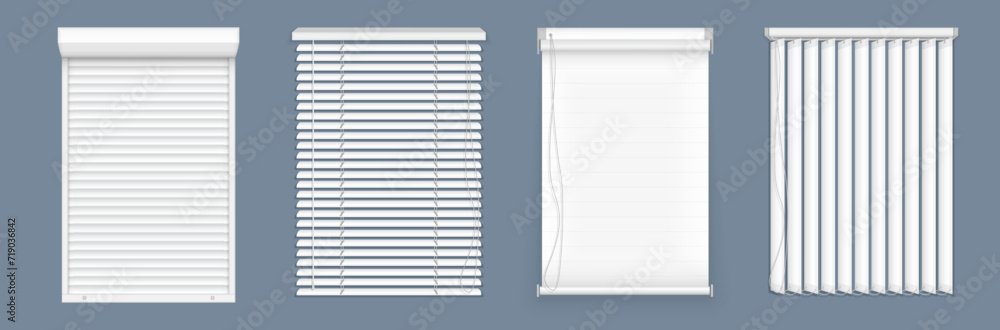Horizontal, vertical closed and open blinds for office rooms. Set of horizontal and vertical blinds for window, element interior. Realistic closed window shutters, front view. - obrazy, fototapety, plakaty 