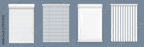 Horizontal, vertical closed and open blinds for office rooms. Set of horizontal and vertical blinds for window, element interior. Realistic closed window shutters, front view. photo