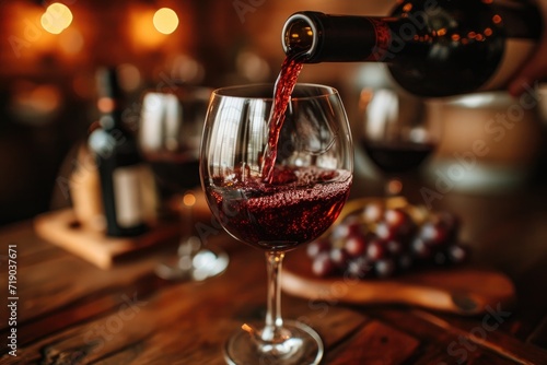 Red wine being poured into a glass from a bottle. Romantic date concept. photo