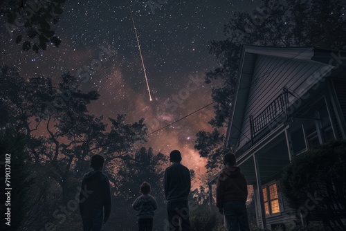 A family watching a meteor shower from their backyard  capturing the wonder of celestial events