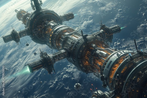 A futuristic space station orbiting Earth, with a diverse crew engaging in various scientific activities