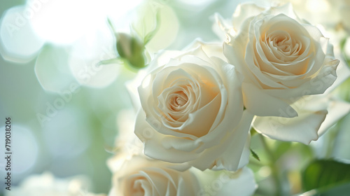 Fototapeta Naklejka Na Ścianę i Meble -  Delicate white roses captured in soft focus, ideal for an elegant background and greeting cards.