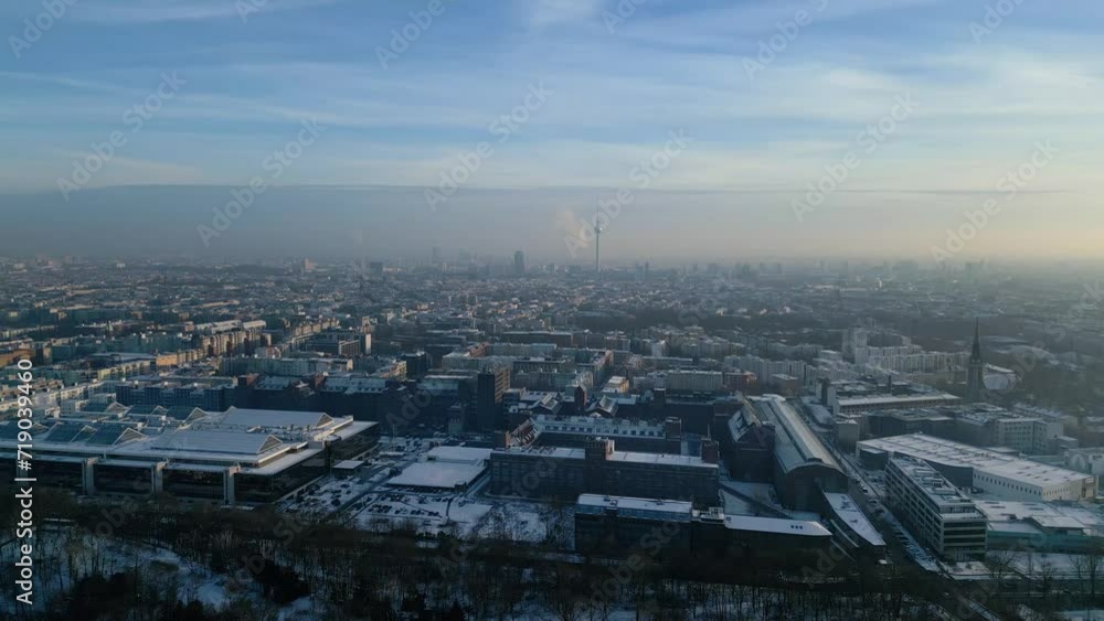 Berlin cityscape with view of the TV Tower from the Humboldthain Park. Aerial shot with drone. Berlin cityscape with view of the TV Tower from the Humboldthain Park. Aerial shot with drone.