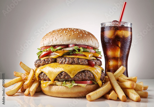 A double cheeseburger on a sesame seed bun, french fries, and a glass of soda. The burger is topped with cheese, lettuce, tomato, onion, ketchup etc