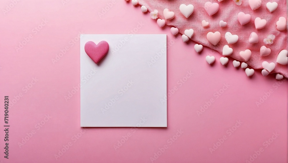 Top view white letter and heart on blank pink background, space for text, blank space for advertisement