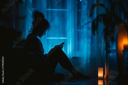 A person sitting alone in a dark room with a phone, the screen showing a homophobic message, depicting online harassment