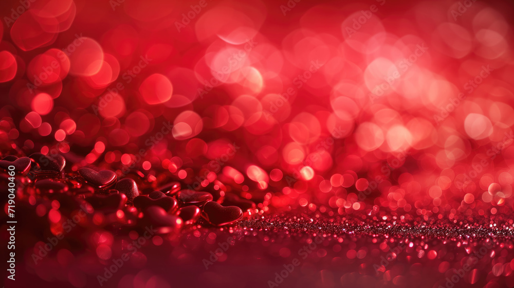  A vibrant red background with shimmering hearts and sparkles. Valentine Day celegration card.