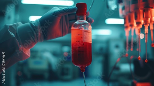 Doctor's hand holding a blood bag in a blood bag analysis laboratory in a hospital blood bank. photo
