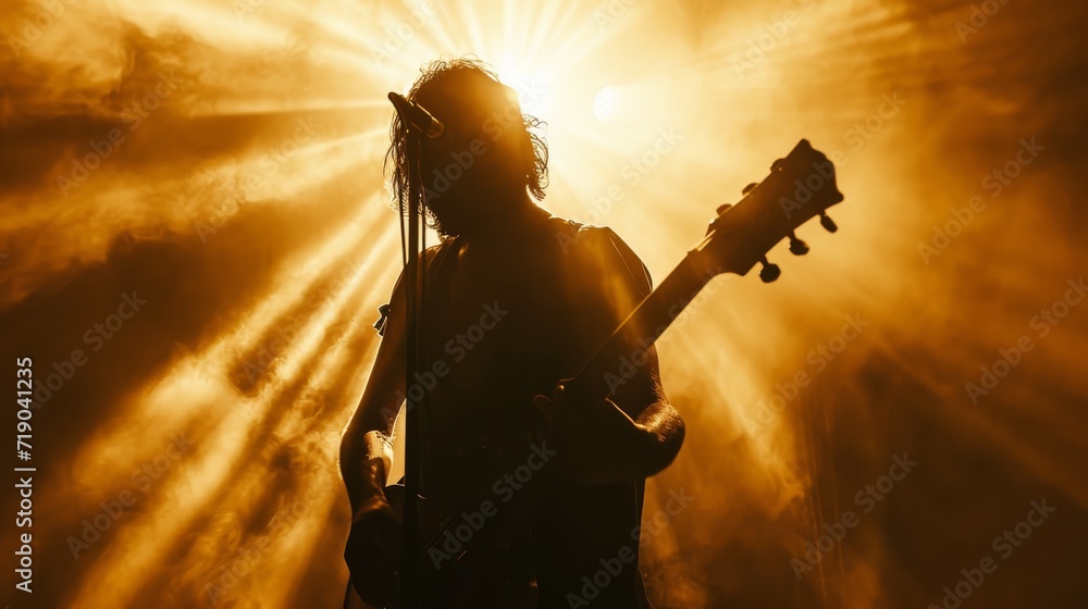 A talented musician strums his guitar under the warm glow of the outdoor sun, captivating the audience with his soulful melodies at a lively concert