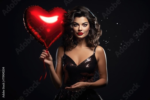 Brunette woman in a red cocktail dress holds a balloon with a heart on a black background