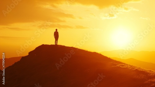Amidst a vibrant sky, a lone figure stands on the rugged hill, basking in the beauty of the sun-kissed landscape
