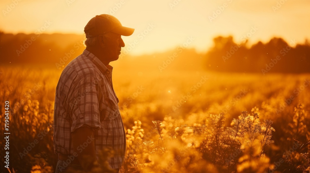 As the sun sets on a summer day, a man stands among the vibrant flowers of his crop, his face turned towards the sky, surrounded by the beauty of nature and the bounty of his farm As the sun sets on a summer day, a man stands among the vibrant flowers of his crop, his face turned towards the sky, surrounded by the beauty of nature and the bounty of his farm