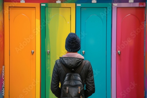 A person standing in front of a row of gender-neutral bathroom doors, highlighting the importance of inclusive facilities