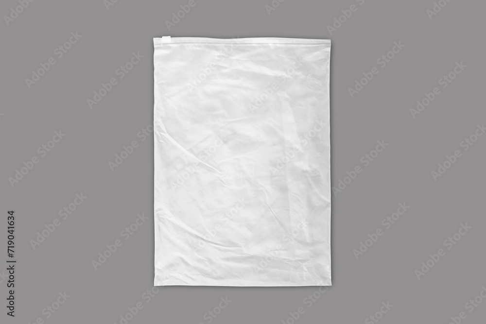 Black and white plastic bag with zip lock mockup isolated on background. Empty zipper polyethylene package mockup. 3d rendering. - obrazy, fototapety, plakaty 