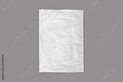 Black and white plastic bag with zip lock mockup isolated on background. Empty zipper polyethylene package mockup. 3d rendering. photo