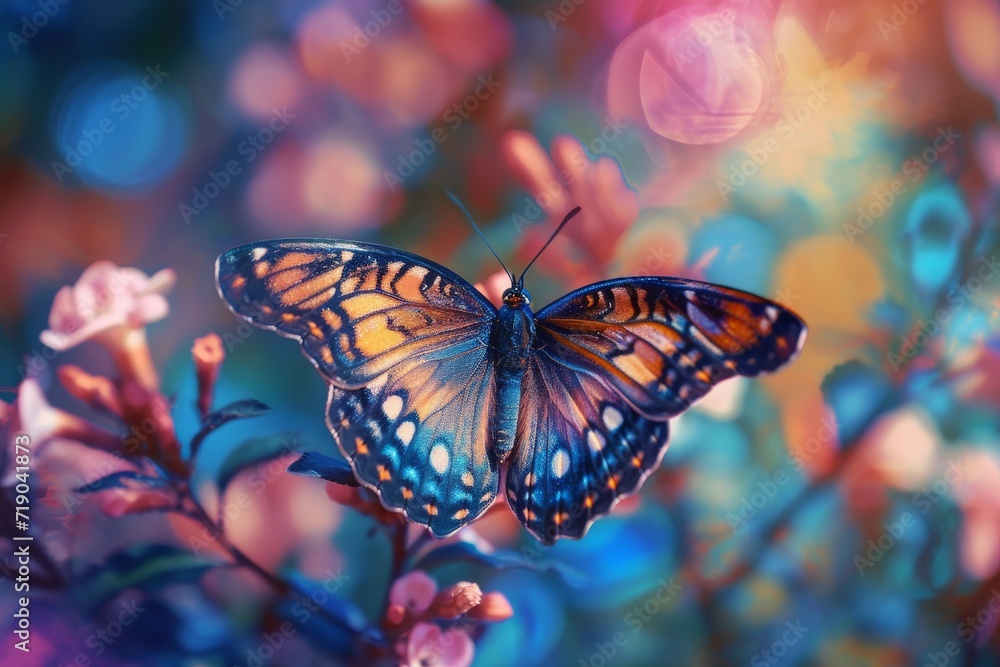 Obraz premium A vibrant brushfooted butterfly delicately lands on a blooming flower, showcasing the beauty and harmony of nature's pollinators in the great outdoors