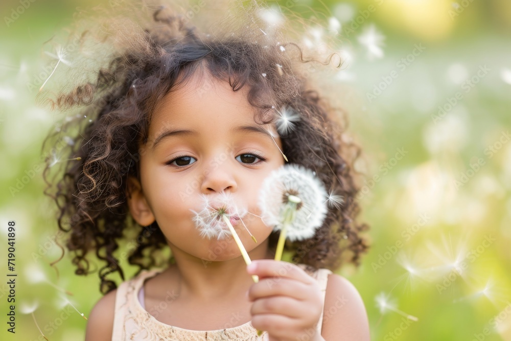 A young girl with a toothbrush in hand, stands outdoors in the grass holding onto dandelion seeds as she gazes off into the distance with innocence and wonder A young girl with a toothbrush in hand, stands outdoors in the grass holding onto dandelion seeds as she gazes off into the distance with innocence and wonder