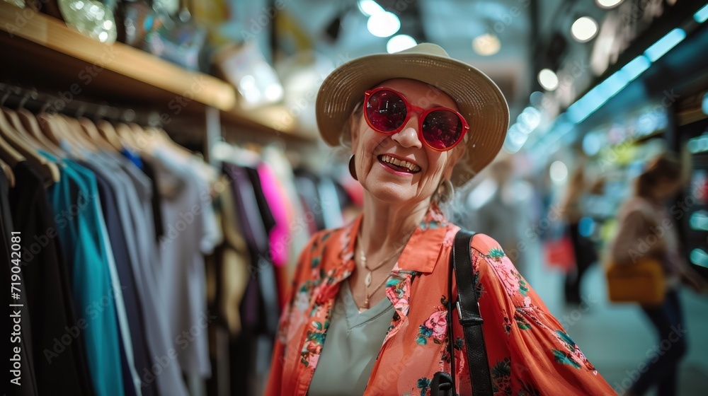 Elderly woman enjoys shopping in a clothing store at the mall. Elderly woman enjoys shopping in a clothing store at the mall.