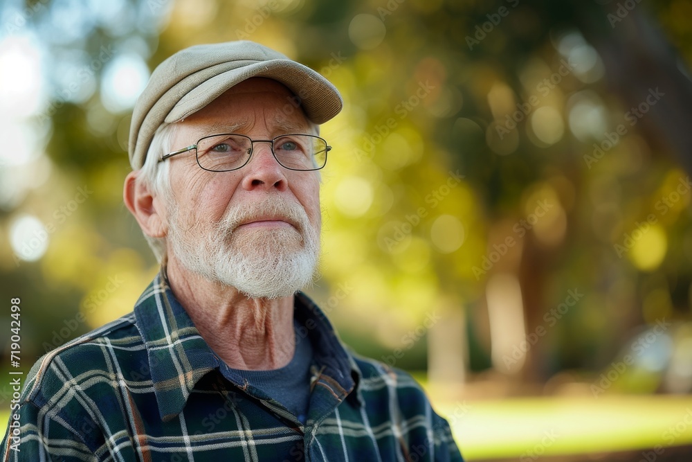 A senior man with a distinguished beard and glasses stands proudly against an outdoor backdrop, his shirt and hat adding to his fashionable yet rugged appearance A senior man with a distinguished beard and glasses stands proudly against an outdoor backdrop, his shirt and hat adding to his fashionable yet rugged appearance
