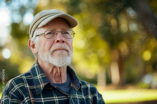 A senior man with a distinguished beard and glasses stands proudly against an outdoor backdrop, his shirt and hat adding to his fashionable yet rugged appearance