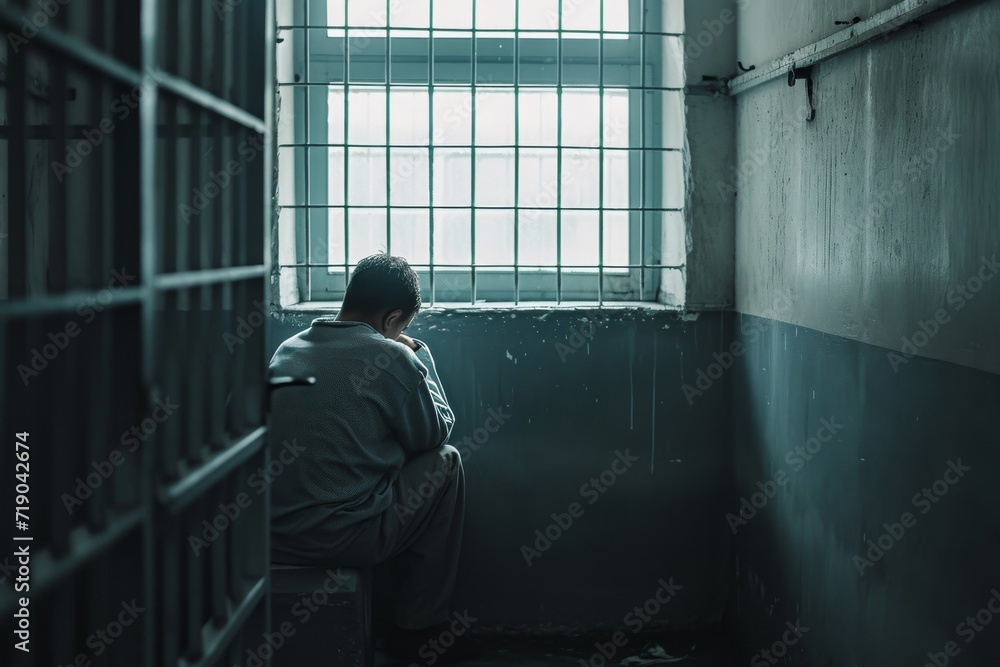Fototapeta premium A man sits alone in a dimly lit cell block, his tattered clothing a stark contrast to the cold, sterile building as he gazes out the window at the bustling street below