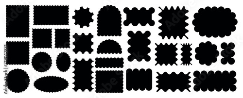 Set of frames with zigzag edge, scallop edge shape. Set of jagged ellipses elements. Rectangular curved box element with teeth. Design for template, cover, banner, poster, sticker. Vector illustration