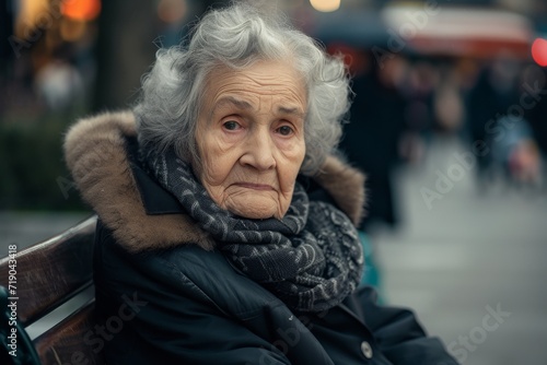 An elegant woman braving the winter chill, her lined face a testament to a life well-lived, sits serenely on a street bench in her warm coat, exuding a timeless grace and poise