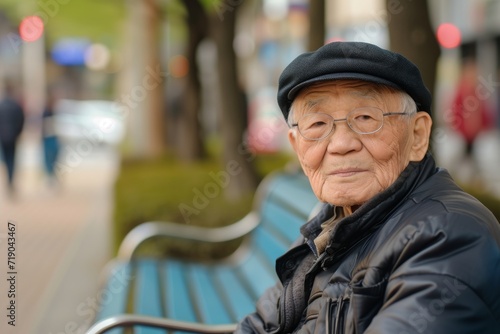 A stylishly dressed elderly man radiates contentment as he sits on a park bench, sporting a wide-brimmed hat and fashionable glasses, his smile mirroring the sun's warmth on the street below