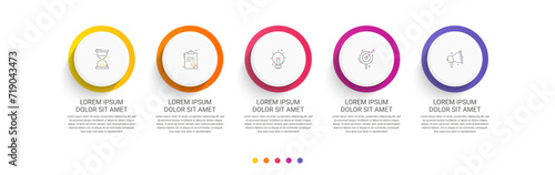 Timeline vector infographic design with 5 icons and circles. Circular infographics for business concepts and reports. Use for chart, presentations, workflow layout, banner, diagram, flow chart