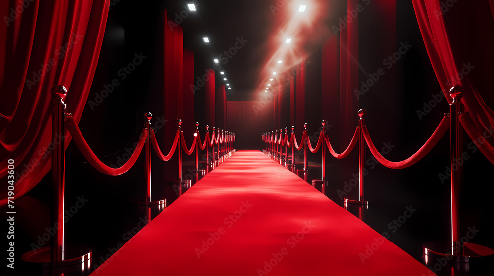 Red carpet staircase with smoke and spotlights, holiday awards ceremony event Red carpet staircase with smoke and spotlights, holiday awards ceremony event
