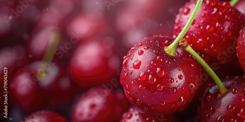 fresh red cherries with water drops, wallpaper background for summer
