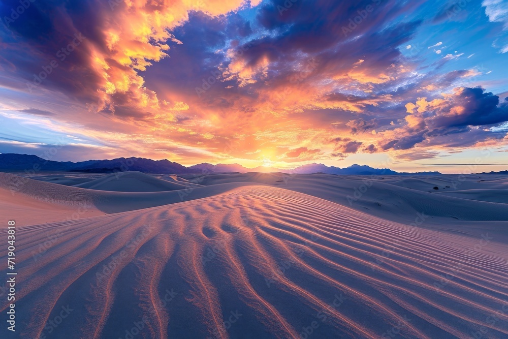 As the sun sets behind the horizon, the singing sands of the desert dunes create a breathtaking landscape, with clouds painting the sky and mountains standing tall in the natural outdoor environment