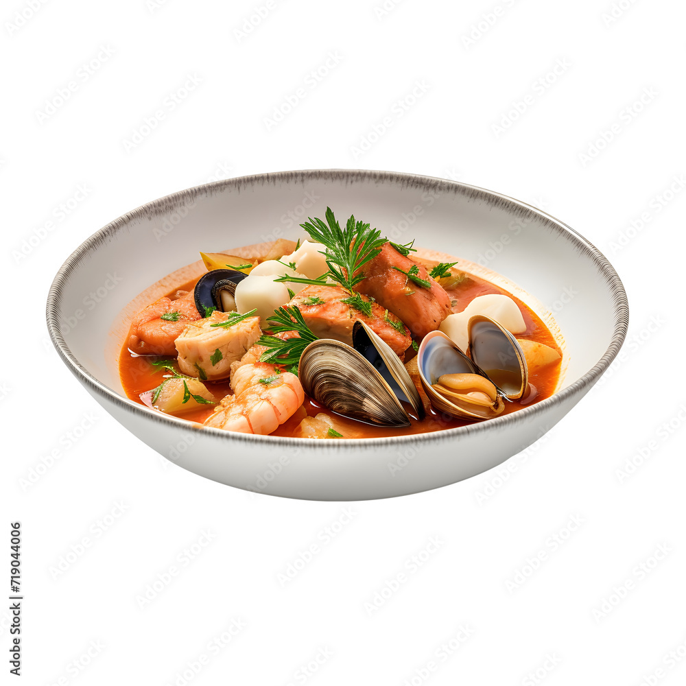Bouillabaisse is served on a beautiful plate with a transparent background